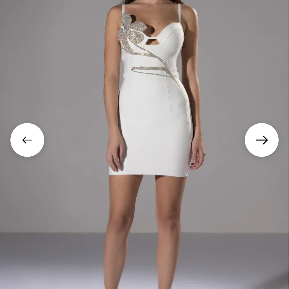 AKIRA White Bodycon Mini Dress with Gold Sequin Floral Accent